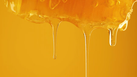 Honey dripping from honeycombs extreme macro.Natural bees wax cells, gold elixirの写真素材