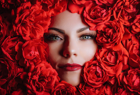 Portrait beautiful woman face with perfect make-up in roses flowers decoration