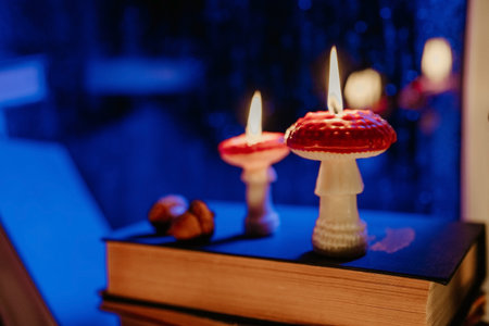 Autumn background. Mushroom candles burning on stack old books. Quiet moments.の写真素材