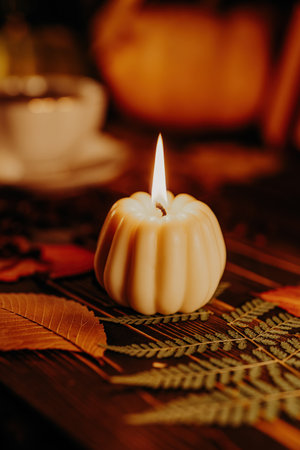 Autumn background. Pumpkin candle burning, fallen leaves. Quiet moments, hyggeの写真素材