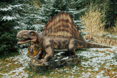 Bukovel, Ukraine - December 2023. Attraction statue of dinosaurs model in Dinopark, winter forest...