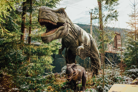 Bukovel, Ukraine - December 2023. Attraction statue of dinosaurs model in Dinopark, winter forest park in natureのeditorial素材