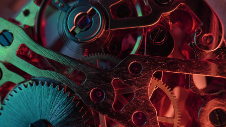 Old vintage clock gears, cogs mechanism. Macro internal structure of watch.の写真素材