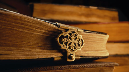 Macro view of saved medieval books with ancient writings. Religious literature