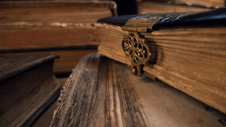 Macro view of saved medieval books with ancient writings. Religious literatureの写真素材