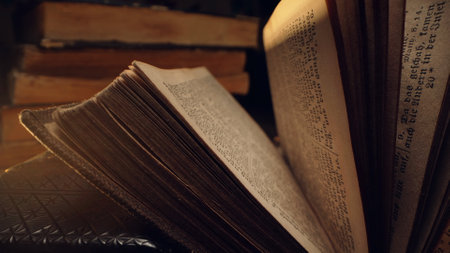 16 February 2024 - Berlin, Germany. Opened saved medieval book with ancient writings. Religious literature, archivalのeditorial素材