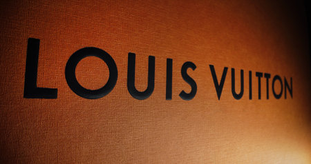 February 2024 - Paris, France.Louis Vuitton label logo brand box.Luxury fashion