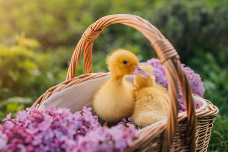 Cute little yellow ducklings sitting in wicker basket with lilac flowers bouquetの写真素材
