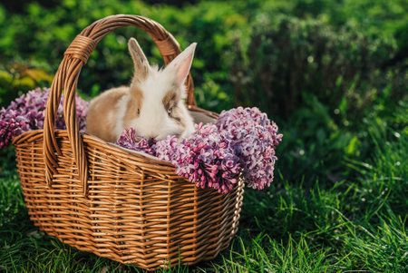 Cute little baby rabbit in wicker basket on nature background. Easter bunny symbol with lilac flowers bouquet.の写真素材