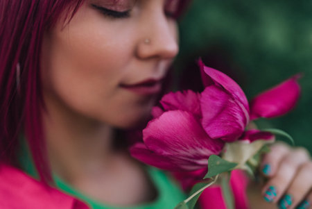 Portrait of real serene woman with vivid dyed pink fuchsia hairstyle. Peony flower, green nature backdrop. Trendy colorful hair, stylish haircutの写真素材