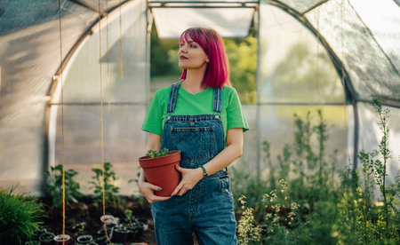 Young pink-haired woman gardener in home greenhouse.Freshly planted plant in potの写真素材