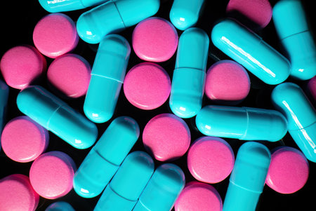Macro View Of Colorful Capsule Pills. Pharmaceutical Medicament For Health