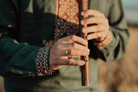 Hands Of Man Playing On Woodwind Wooden Flute - Ukrainian Sopilkaの写真素材