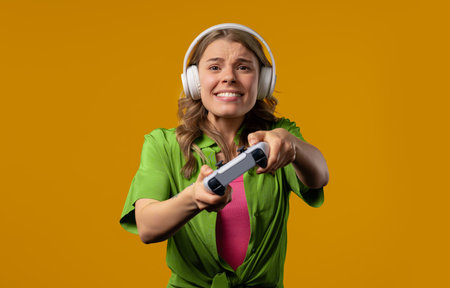 Young pretty woman playing, wins online video game on console with joystick