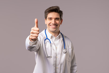 Positive doctor man with like, thumbs-up hand sign gesture. Happy physicianの写真素材
