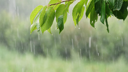 Summer heavy rain in forest. Drops of water dripping from green leaves of cherry tree. Beautiful...
