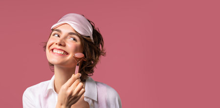 Young woman with rose quartz stone roller on pink background. Facial self care, morning beauty rituals, cosmetology, anti aging and anti-wrinkle treatmentの写真素材