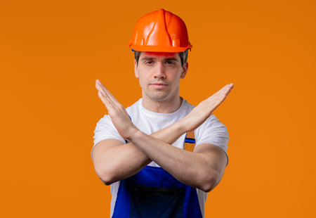 No, Never, Mature 30s Worker Builder Man Rejecting Stop Crossing Hands. Banの写真素材