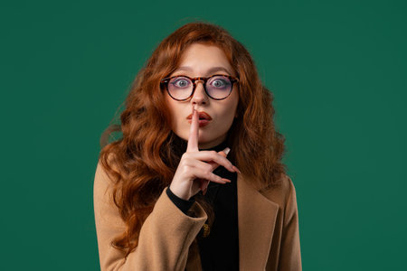 Attrcative ginger woman with finger on lips - shh, secret, silence, green studioの写真素材