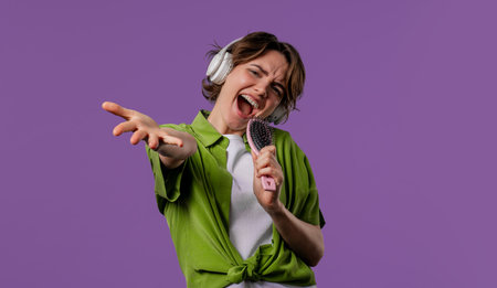 Woman singing, dancing with hair brush instead microphone on violet background. Lady having fun, listening to music, karaoke, dreams of being celebrity.の写真素材