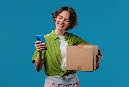 Excited smiling woman, online shopping consumer received cardboard order parcel box, desired purchase. Mobile phone, smartphone mockup with copy space screen for your advertisementの写真素材