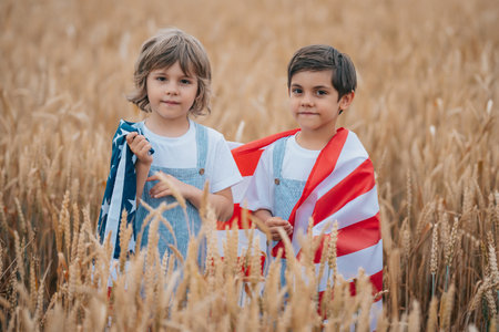 Little Boys American Patriots Kids With National Flag in Wheat Field At Summer