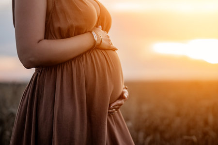 Pregnant Woman Caressing Belly On Wheat Natural Field Background. Expectant Timeの写真素材