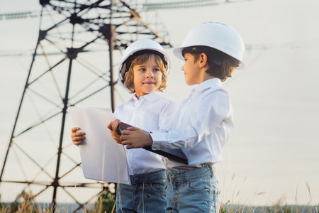 Little kids pretending engineers or managers with safety helmets, reading papers documents. Electrical industry profession, serious smart children on transmission power lines background.の写真素材