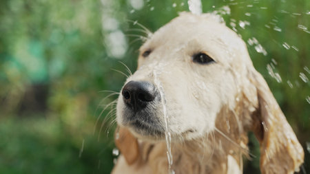 Hands Of Woman Washes Golden Retriever Puppy. Bathing Dog, Massaging, Caring Petの写真素材