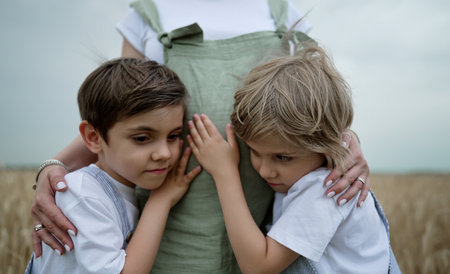 Pregnant Mom With Sons On Nature Background. Boys Brothers Touching, Listeningの写真素材