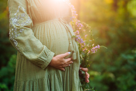 Hands of Pregnant Woman In Wild Forest At Sunset, Golden Hour. Beauty of female bodyの写真素材