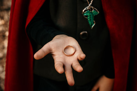 Boy cosplayer in hobbit cape costume holds golden ring. Fantasy journey, halloween, fellowship cosplayの写真素材