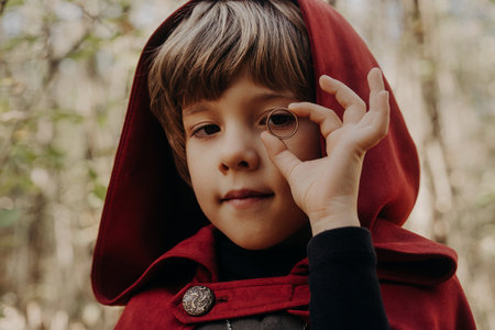 Little cosplayer hobbit boy in cape costume in autumn forest admiring golden ring. Fantasy journey, halloween, fellowship cosplayの写真素材