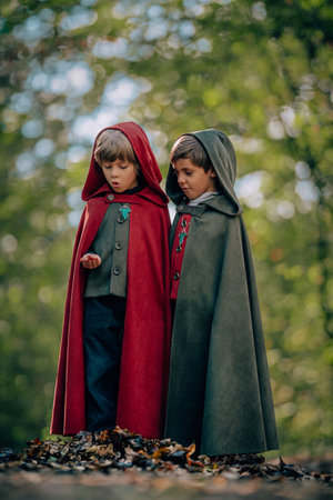 Hobbits boys in cape costumes standing in green forest. Fantasy journey, halloween, fellowship cosplayの写真素材