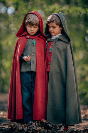 Hobbits boys in cape costumes standing in green forest with ring. Fantasy journey, halloween, fellowship cosplayの写真素材