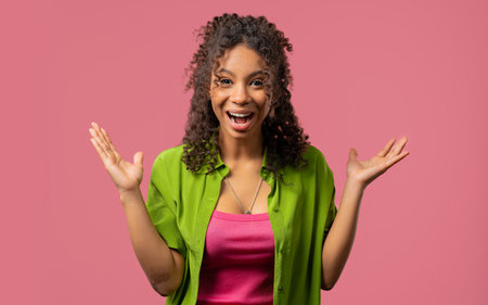 Surprised african teenager girl expresses cant believe, wow, omg. Impressed ladyの写真素材