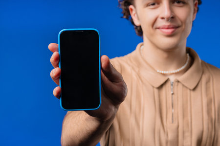 Excited Smiling Man, Online Shopping Consumer. Mobile Phone, Smartphone