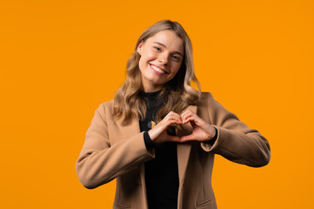 Smiling businesswoman showing sign of shape heart. Positive lady on yellow. Love. Volunteering, charity donation, gratitude symbol, flirting conceptの写真素材