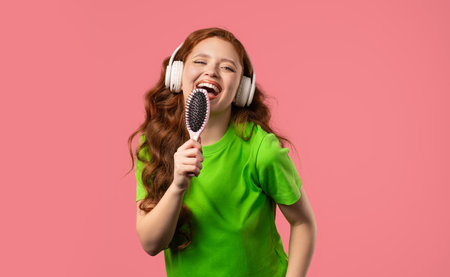 Woman singing, dancing with hair brush instead microphone on pink background. Lady having fun, listening to music, karaoke, dreams of being celebrity.の写真素材