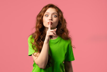 Beautiful stylish woman holding finger on lips,pink studio. shhh, secret, gossipの写真素材