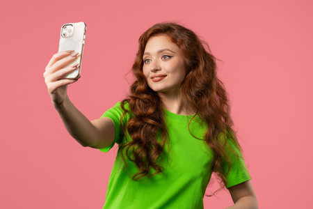 Trendy young woman making selfie on smartphone on pink. Social networks concept.の写真素材