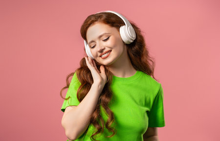 Happy woman gets high, listening music, enjoying sound with headphones on pinkの写真素材