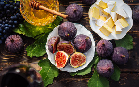 Cheese Platter With Camembert Brie, Healthy Juicy Organic Figs, Honey And Grapesの写真素材
