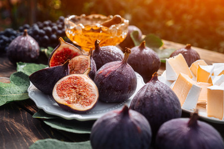 Cheese Platter With Camembert Brie, Healthy Juicy Organic Figs, Honey And Grapesの写真素材
