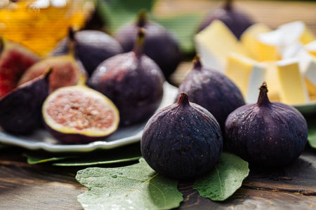 Cheese platter with camembert brie, healthy juicy organic figs, honey and grapesの写真素材