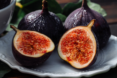 Delicate Fresh Ripe Figs With Leaves On White Plate, Rustic Wooden Table. Ficusの写真素材