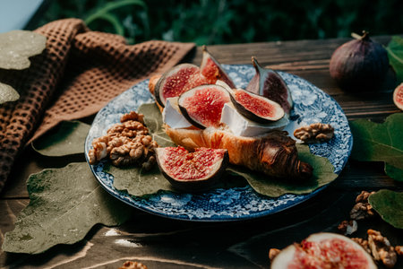 Vintage Retro Plate With Camembert Cheese Croissant, Fig Slices. Brie, Healthyの写真素材