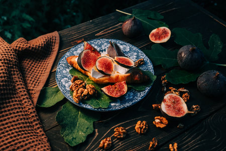 Vintage Retro Plate With Camembert Cheese Croissant, Fig Slices. Brie, Healthyの写真素材