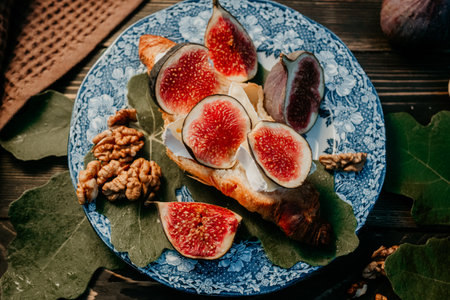 Vintage Retro Plate With Camembert Cheese Croissant, Fig Slices. Brie, Healthyの写真素材