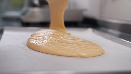 Pastry chef spreads batter on baking sheet parchment. Woman making sponge cake.の写真素材